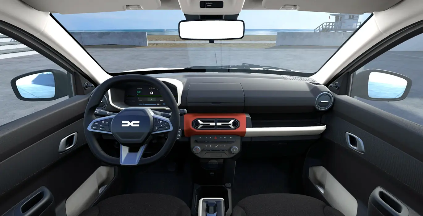 Dacia Spring Expression Electric 33kW 45CV interior delantera | Crazy Renting