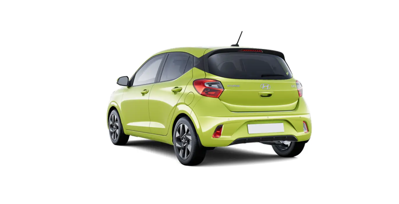 Hyundai i10 Klass 63cv MY25 verde trasera | Crazy Renting